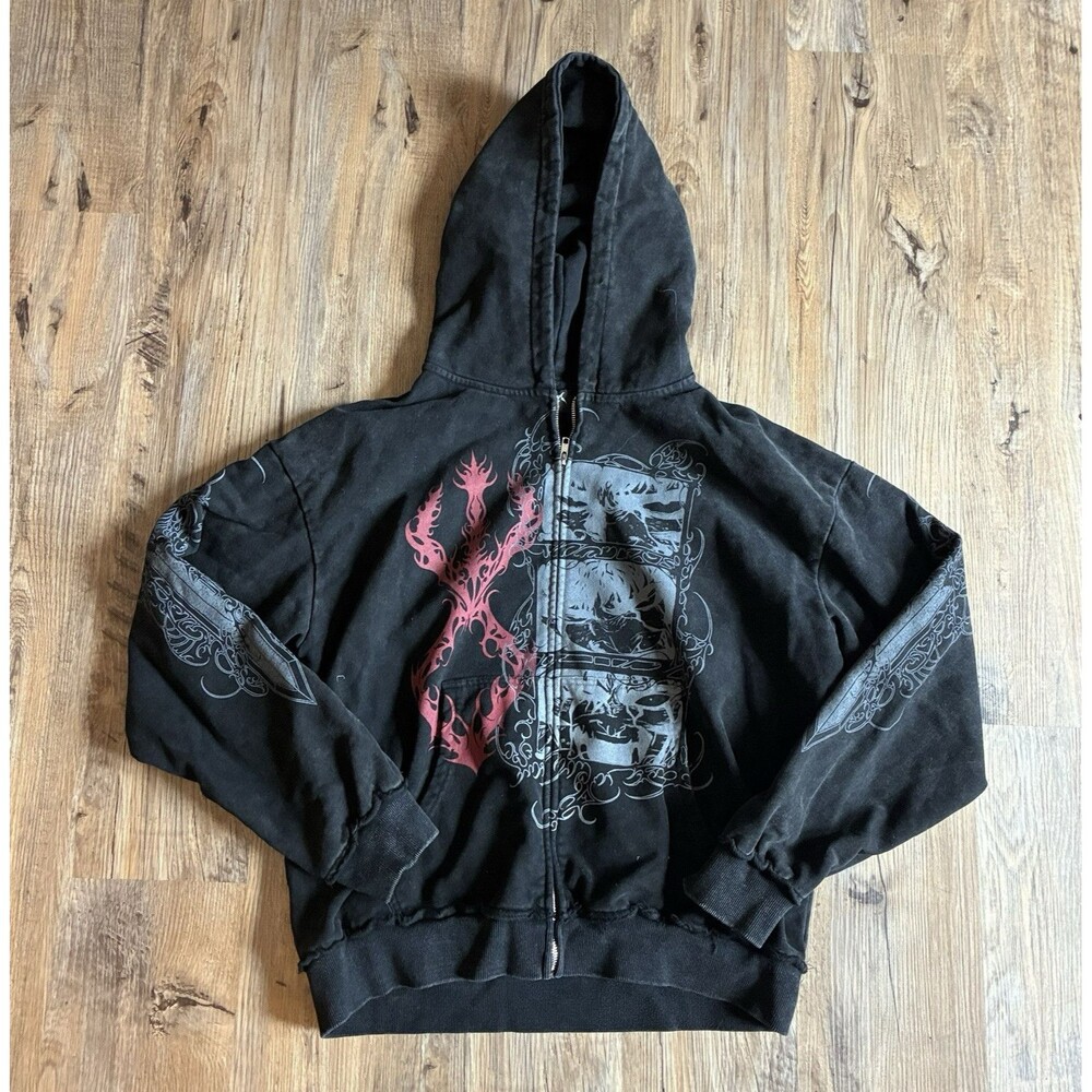 Y2K Men's Black Full Zip Hooded Grunge Graphic Logo Hoodie Sweatshirt XL